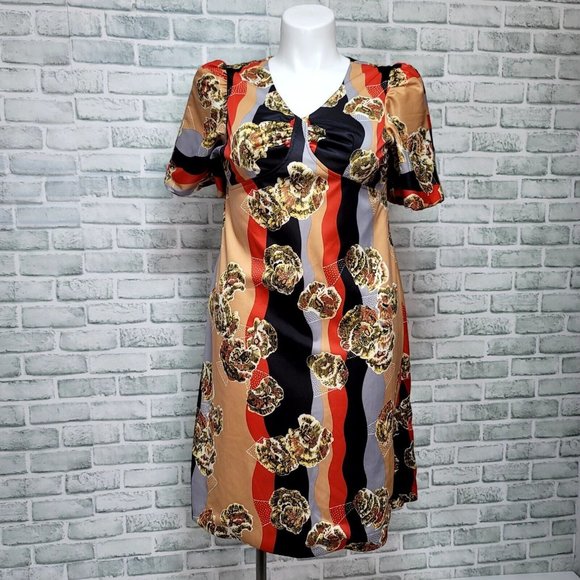 Vintage 50s 60s Dorings XL Abstract Satin Short Sleeve Midi Dress Pinup - Picture 1 of 12